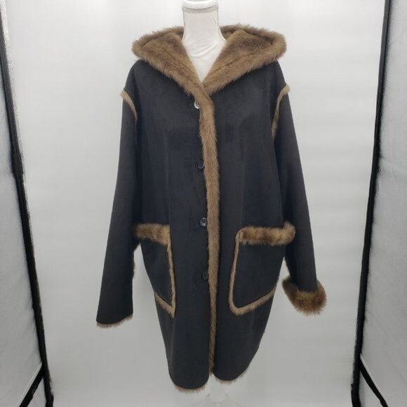 DENNIS BASSO Coat Brown Faux Suede Reversible Faux Fur Cozy Parka Size 1X - Picture 2 of 13